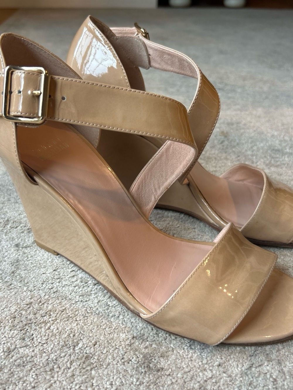 Stuart Weitzman Nude Patent Leather Wedge Sandals